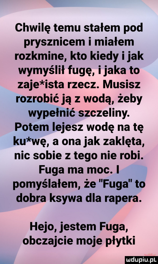 chwilę temu stałem pod prysznicem i miałem rozkmine kto kiedy imak wymyślił fugę i jaka to zaje iata rzecz. musisz rozrobić ją z wodą żeby wypełnić szczeliny. potem lejesz wodę na tę ku wę a ona jak zaklęta nic sobie z tego nie robi. fuga ma moc. i pomyślałem że fuga to dobra ksywa dla rapera. hojo jestem fuga obczajcie moje płytki ludu iu. l