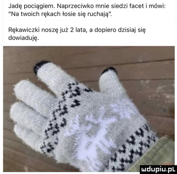 jadę pociągiem. naprzeciwko mnie siedzi facet i mówi na twoich rękach łosie się ruchają. rękawiczki noszę już zlata a dopiero dzisiaj się dowiaduję