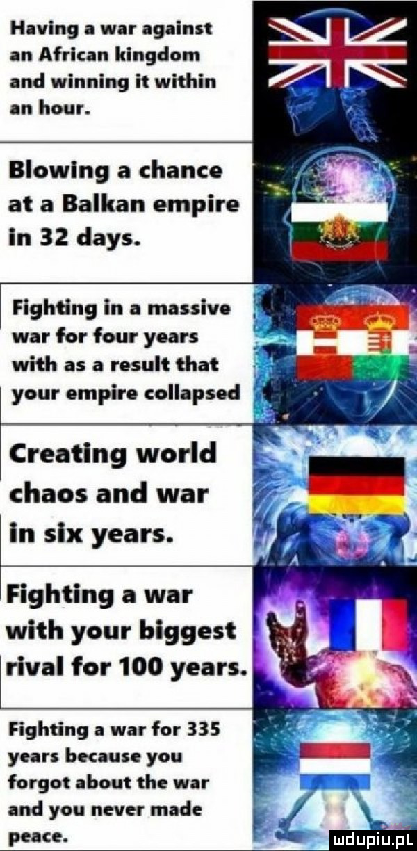 haking a war against an african kingdom and winning it within an hour. bloking a czance at a barkan empire in    dans. fighting in a massive war for four yeats with as a result trat your empire collapsed f creating wored chaos and war in sax yeats. fighting a war with your biggest rival for     yeats. fighting a war for     yeats because y-u furgot abort tee war and y-u neper made peace