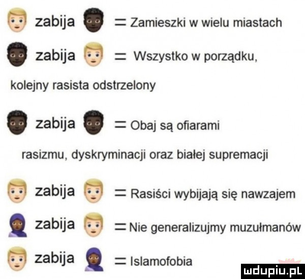 zabija. zamieszki w wielu miastach zabi a wszystko w porządku j kolejny rasista odstrzelony. zabija. obajsą oﬁarami rasizmu. dyskryminacji oraz białej supremacji zabija rasiści wybijają się nawzajem. zabua nie generalizujmy muzułmanów zabija. slamofobia