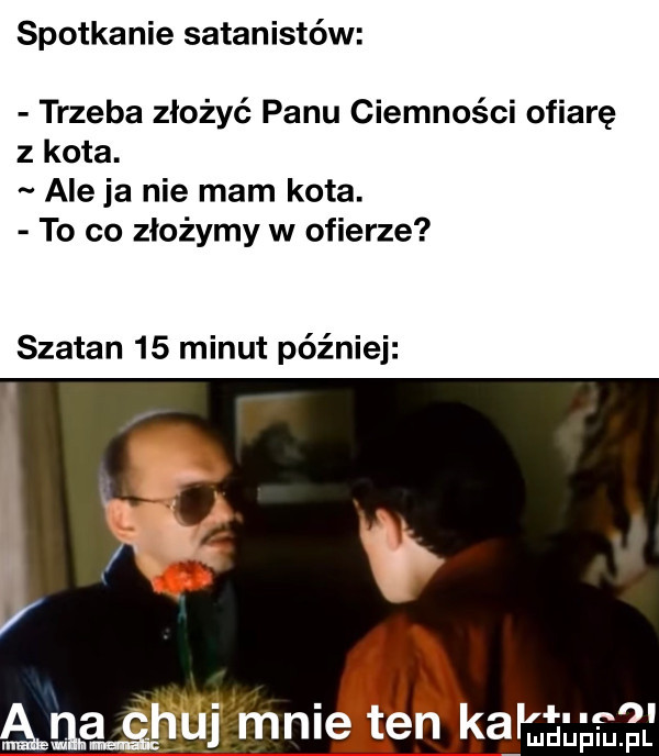 spotkanie satanistów trzeba złożyć panu ciemności ofiarę z kota. aleja nie mam kota. to co złożymy w ofierze szatan    minut później m moim mnisi ék kaman