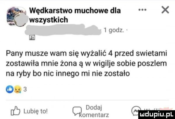 r wędkarstwo muchowe dla x wszystkich ie   godz pany musze wam się wyżalić   przed swietami zostawiła mnie żona ą w wigilie sobie poszlem na ryby bo nic innego mi nie zostało     c lubię tm dodaj v cmentarz mn