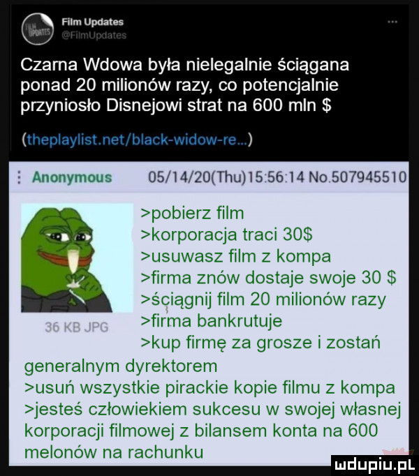 film upaans chama wdowa byla nielegalnie ściągana ponad    milionów razy co potencjalnie przynioslo disneyowi strat na     mln lar    l     tau         no           lm tram l mm   mm uh ewkmwe pkty fum r mew ha w lnów