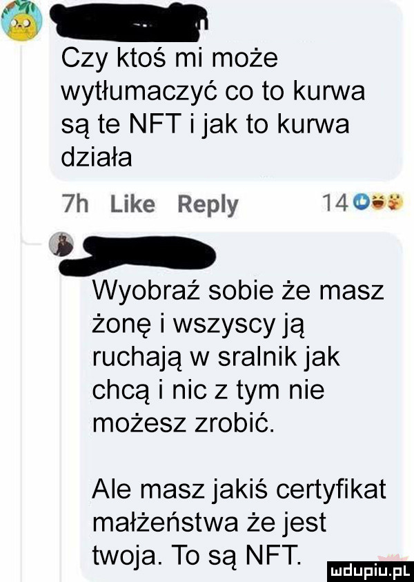 o czy ktoś mi może wytłumaczyć co to kurwa są te nat i jak to kurwa działa  h like repry       wyobraż sobie że masz żonę i wszyscy ją ruchają w skalnik jak chcą i nic złym nie możesz zrobić. ale masz jakiś certyfikat małżeństwa że jest tw ja. to są nat