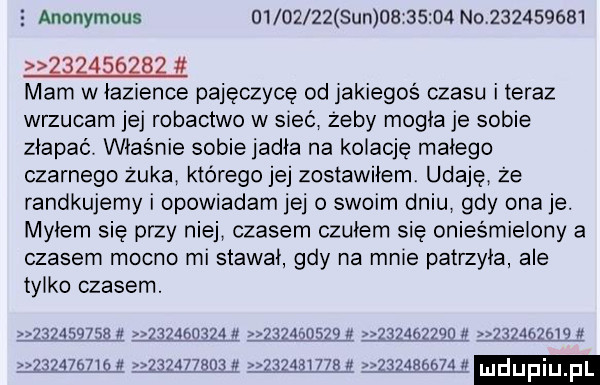 anonymous          sun          no                     mam w oazwence pajęczycę od iakiegoś czasu iteraz wrzucam je robactwo w sieć zeby mogła je sobie złapać właśnie sobie jadła na kolację małego czarnego zuka którego jej zostawiłem. udaję że randkujemy i opowiadam jej o swoim dniu gdy ona je. myłem się przy niej czasem czułem się onieśmielony a czasem mocno mi stawał gdy na mnie patrzyła ale tylko czasem.                                 ł           nduf u       m yr          u       i