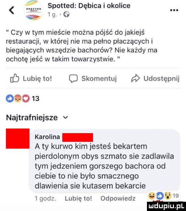 spotted dębica i okolice w. abakankami     o czy wtem mieście można pójść do jakiejś restauracji w które nie ma psino płaczących i biegających wszędzie bachorów nie każdy ma ochotę jeść w takim towarzystwie. c lubie to c skomentuj d udostępnij ono    najtrafniejsze v. karolina aty kurwo kim jesteś bekartem pierdolonym obys szmato sie zadlawila tym jedzeniem gorszego bachora od ciebie to nie było smacznego dlawienia sie kutasem bekarcie igodzi lubię to odpowiedz      ludupi