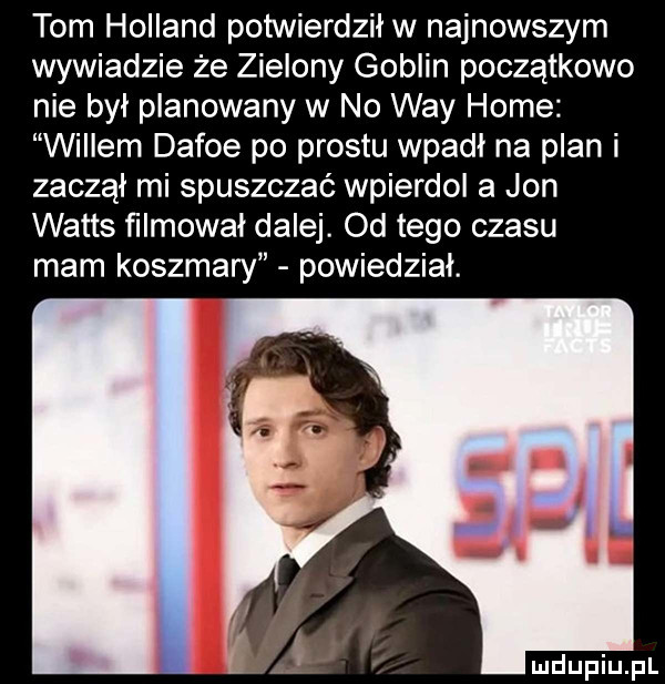 tom holland potwierdził w najnowszym wywiadzie że zielony goblin początkowo nie był planowany w no wdy home willem defoe po prestu wpadł na plan i zaczął mi spuszczać wpierdol a jon watts filmowal dalej. od tego czasu mam koszmary powiedział