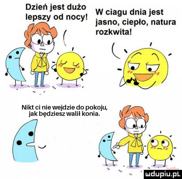 dzień jest dużo lepszy od nocy w ciagu dnia jest iasno ciepło natura rozkwita nikt ci nie wejdzie do pokoju jak będzieszwalił konia duciu. pl