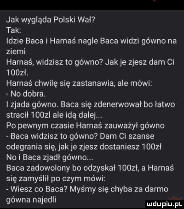 jak wygląda polski wał tak idzie baca i harnaś nagle baca widzi gówno na ziemi harnaś widzisz to gówno jak je zjesz dam ci     i. harnaś chwilę się zastanawia ale mówi no dobra. i zjada gówno. baca się zdenennował bo łatwo stracił lidzi ale idą dalej. po pewnym czasie harnaś zauważył gówno baca widzisz to gówno dam ci szanse odegrania się. jak je zjesz dostaniesz     ł no i baca zjadł gówno. baca zadowolony bo odzyskał     ł. a harnas się zamyślił po czym mówi wiesz co baca myśmy się chyba za darmo gowna najedli mdupqul