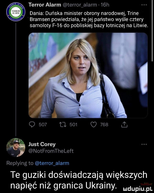 terror alarm glerror alarm   h dania duńska minister obrony narodowej taine bramsen powiedziała źe jej państwo wyśle cztery samoloty f    do pobliskiej bazy lotniczej na litwie m. a just carey k notfromtheleft chlying to terrorfalarm te guziki doświadczają większych napięć niż granica ukrainy. ndupiu pl