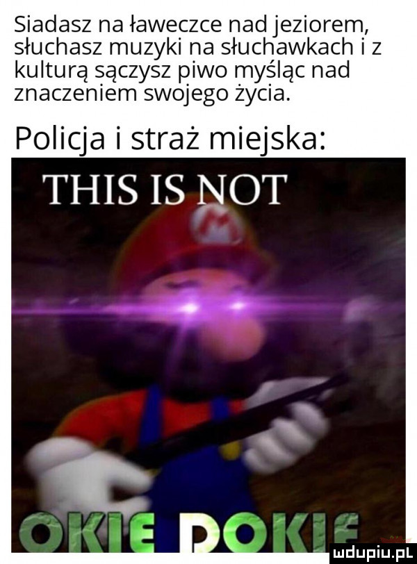 siadasz na ławeczce nad jeziorem słuchasz muzyki na słuchawkach iz kultura sączysz piwo myśląc nad znaczeniem swojego życia. policja i straż miejska tais is not