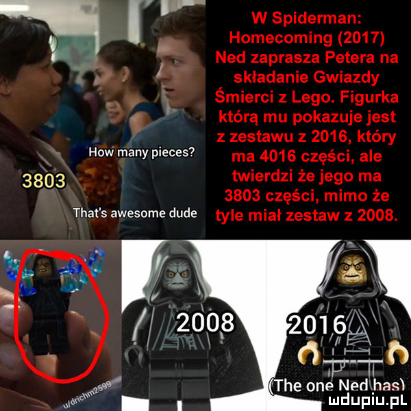 składanie gwiazdy śmierci z lego. figurka którą mu pokazuje jest z zestawu z      który   many         ma      części ale      twierdzi że jego ma      części mimo że trat s awesome dude tyle miał zestaw z     . i i w spiderman l. homecoming      v nad zaprasza petera na. r a      g     tet tee one midi has mduplu pl