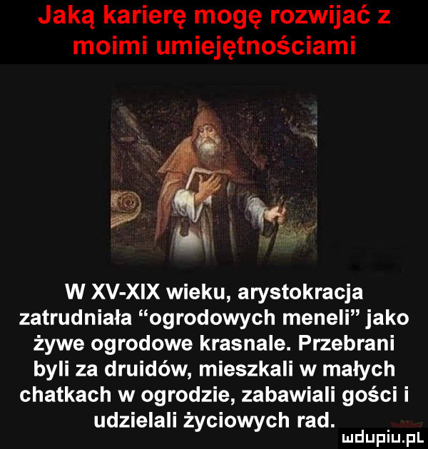 jaką karierę mogę rozwijać z moimi umiejętnościami w. é i v   ul is w xv xix wieku arystokracja zatrudniała ogrodowych meneli jako żywe ogrodowe krasnale. przebrani byli za druidów mieszkali w małych chatkach w ogrodzie zabawiali gości i udzielali życiowych rad. mduplu pl