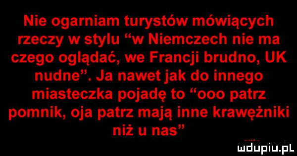 nie ogarniam turystów mówiących rzeczy w stylu w niemczech nie ma czego oglądać we francji brudno uk nudne. ja nawet jak do innego miasteczka pojadę to ooo patrz pomnik oba patrz mają inne krawężniki niż u nas