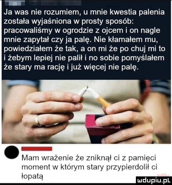 i ja was nie rozumiem u mnie kwestia palenia została wyjaśniona w prosty sposób pracowaliśmy w ogrodzie z ojcem i on nagle mnie zapytał czyja palę. nie kłamałem mu powiedziałem że tak a on mi że po chuj mi to i żebym lepiej nie palili no sobie pomyślałem że stary ma rację i już więcej nie palę. mam wrażenie że zniknal ci z pamięci moment w którym stary przypierdolił ci łopatą
