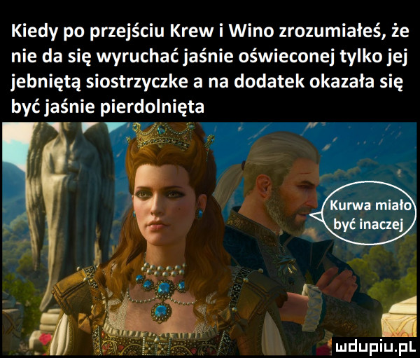 kiedy po przejściu krew i wino zrozumiałeś że nie da się wyruchać jaśnie oświeconej tylko jej jebniętą siostrzyczke a na dodatek okazała się być jaśnie pierdolnięta r r