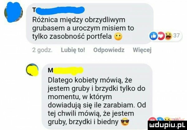 t różnica między obrzydliwym grubasem a uroczym misiem to tylko zasobność portfela. od. f g u lunięto odpowiedz wiecej. m dlatego kobiety mówią że jestem gruby i brzydki tylko do momentu w którym dowiadują się ile zarabiam. od tej chwili mówią że jestem gruby brzydki i biedny