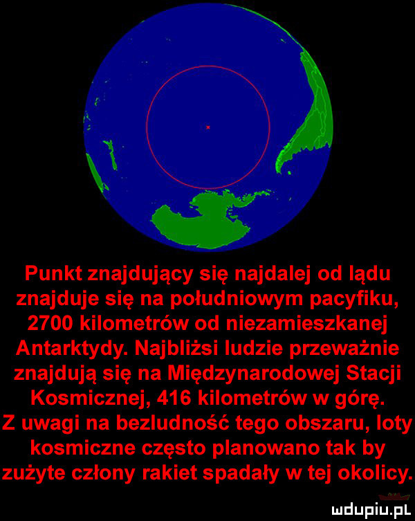 punkt znajdujący się najdalej od lądu znajduje się na południowym pacyfiku      kilometrów od niezamieszkanej antarktydy. najbliżsi ludzie przeważnie znajdują się na międzynarodowej stacji kosmicznej     kilometrów w górę. z uwagi na bezludność tego obszaru loty kosmiczne często planowano tak by zużyte człony rakiet spadały w tej okolicy