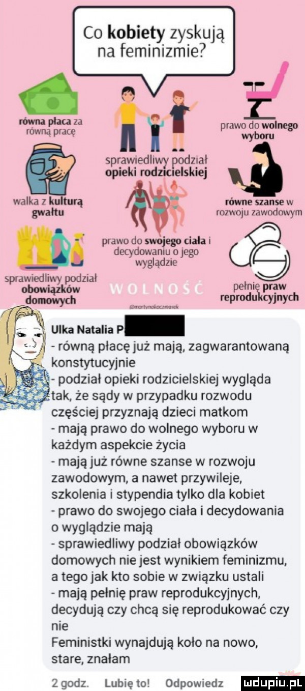 co kobiety zyskują na feminizmie n mna pam za h lf w sprawiedliwy podzial opieki rodzicielskiej walka z kiur gm law ne szanse w mln mad ulka natalia p dq j równą płacęjuż mają zagwarantowaną f konstytucyjnie l t podzial opieki rodzicielskiej wygląda     tak ze sądy w przypadku rozwodu częściej przyznają dzieci matkom mają prawo do wolnego wyboru w każdym aspekcie życia mają już równe szanse w rozwoju zawodowym a nawet przywileje szkolenia i stypendia tylko dla kobiet prawo do swojego ciala i decydowania o wyglądzie mają sprawiedliwy podzial obowiązków domowych niejest wynikiem feminizmu a tego jak kto sobie w związku ustali mają pełnię praw reprodukcyjnych decydują czy chcą się reprodukować czy me feministki wynajdują kolo na nowo stare znalam zgodz lubięxo odpowiedz gwałtu rozwoju zawodowym prawo do swo jego dala i decydowaniu d jego wyglądzie sprawiedliwy uligziai mq pm donwydll repmdu cyinvch