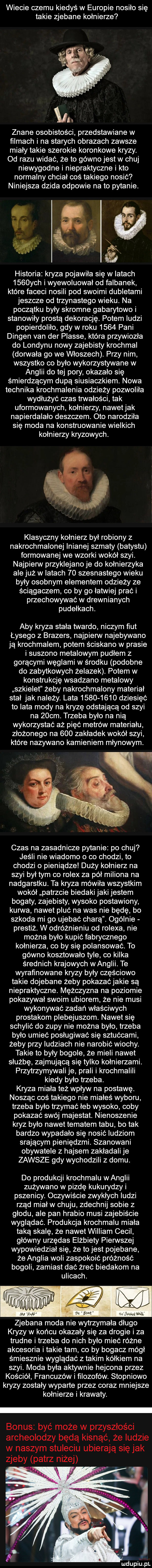 wiecie czemu kiedyś w europie nosiło się takie zjebane kołnierze h. znane osobistości przedstawiane w filmach i na starych obrazach zawsze miały takie szerokie koronkowe kryzy. od razu widać że to gówno jest w chuj niewygodne i niepraktyczne i kto normalny chciał coś takiego nosić niniejsza dzida odpowie na to pytanie. historia kryza pojawiła się w latach     ych i wyewoluował od falbanek które faceci nosili pod swoimi dubletami jeszcze od trzynastego wieku. na początku były skromne gabarytowo i stanowiły prostą dekorację. potem ludzi popierdoliło gdy w roku      pani dingen van der piasse która przywiozła do londynu nowy zajebisty krochmal dognała go we włoszech. przy nim wszystko co było wykorzystywane w anglii do tej pory okazało się śmierdzącym dupą siusiaczkiem. nowa technika krochmalenia odzieży pozwoliła wydłużyć czas tnnałości tak uformowanych kołnierzy nawetjak napierdalało deszczem. oto narodziła się moda na konstruowanie wielkich kołnierzy kryzowych. klasyczny kołnierz był robiony z nakrochmalonej lnianej szmaty batystu formowanej we wzorki wokół szyi. najpienn przyklejano je do kołnierzyka ale już w latach    szesnastego wieku były osobnym elementem odzieży ze ściągaczem co by go łatwiej prać i przechowywać w drewnianych pudełkach. aby kryza stała twardo niczym fiut łysego z brazers najpienn najebywano ją krochmalem potem ściskano w prasie i suszono metalowym pudłem z gorącymi węglami w środku podobne do zabytkowych żelazek. potem w konstrukcję wsadzano metalowy szkielet żeby nakrochmalony materiał stał jak należy. lata           dziesięć to lata mody na kryzę odstającą od szyi na   cm. trzeba było na nią wykorzystać aż pięć metrów materiału złożonego na     zakładek wokół szyi które nazywano kamieniem młynowym. czas na zasadnicze pytanie po chuj jeśli nie wiadomo o co chodzi to chodzi o pieniądze duży kołnierz na szyi był tym co rolex za pół miliona na nadgarstku. ta kryza mówiła wszystkim wokół patrzcie biedaki jaki jestem bogaty zajebisty wysoko postawiony kanna nawet pluć na was nie będę bo szkoda mi go ujebać charą. ogólnie prestiż. w odróżnieniu od rolexa nie można było kupić fabrycznego kołnierza co by się polansować. to gówno kosztowało tyle co kilka średnich krajowych wanilii. te wyrafinowane kryzy były częściowo takie dojebane żeby pokazaćjakie są niepraktyczne. mężczyzna na poziomie pokazywał swoim ubiorem że nie musi wykonywać zadań właściwych prostakom plebejuszom. nawet się schylić do zupy nie można było trzeba było umieć posługiwać się sztućcami żeby przy ludziach nie narobić wiochy. takie to były bobole że mieli nawet służbę zajmującą się tylko kołnierzami. przytrzymywali je prali i krochmalili kiedy było trzeba. kryza miała też wpływ na postawę. nosząc coś takiego nie miałeś wyboru trzeba było trzymać łeb wysoko coby pokazać swój majestat. nienoszenie kryz było nawet tematem tabu bo tak bardzo wypadało się nosić ludziom srającym pieniędzmi. szanowani obywatele z hajsem zakładali je zawsze gdy wychodzili z domu. do produkcji krochmalu wanilii zużywano w pizdę kukurydzy i pszenicy. oczywiście zwykłych ludzi rząd miał w chuju zdechnij sobie z głodu ale pan hrabio musi zajebiście wyglądać. produkcja krochmalu miała taką skalę że nawet william cecil główny urzędas elżbiety pienstej wypowiedział się że to jest pojebane że anglia woli zaspokoić próżność boboli zamiast dać żreć biedakom na ulicach. w w zjebana moda nie wytrzymała długo kryzy w końcu okazały się za drogie i za trudne i trzeba do nich było mieć różne akcesoria i takie tam co by bogacz mógł śmiesznie wyglądać z takim kółkiem na szyi. moda była aktywnie hejcona przez kościół francuzów i filozofów. stopniowo kryzy zostały wyparte przez coraz mniejsze kołnierze i krawaty. bonus być może w przyszłości archeolodzy będą kisnąć że ludzie w naszym stuleciu ubierają się jak zjeby patrz niżej mdupiupl