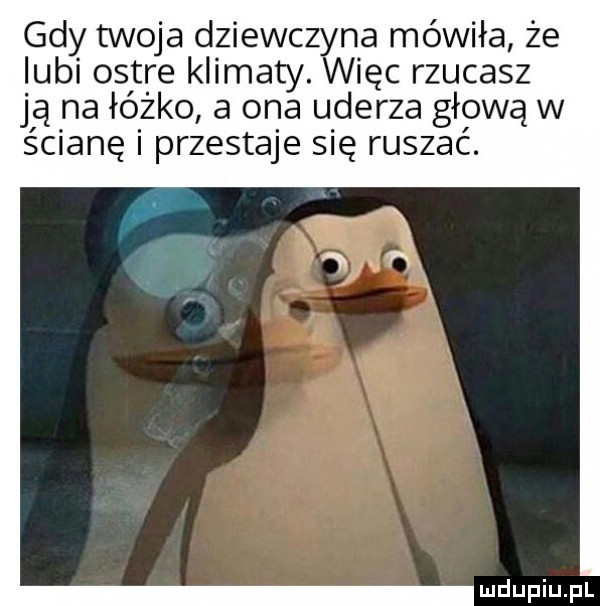 gdy twoja dziewczyna mówiła że lubi ostre klimaty. więc rzucasz ją na łóżko a ona uderza głową w ścianę i przestaje się ruszać
