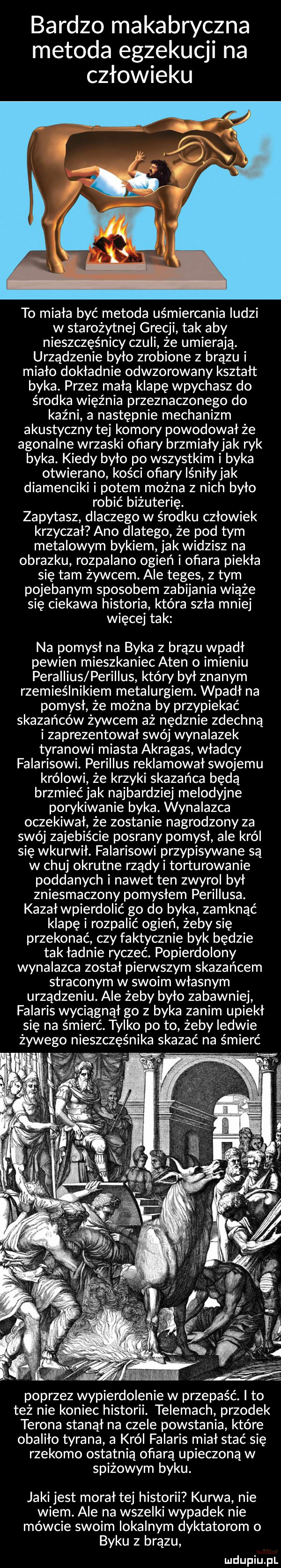 bardzo makabryczna metoda egzekucji na człowieku to miała być metoda uśmiercania ludzi w starożytnej grecji tak aby nieszczęśnicy czuli że umierają. urządzenie było zrobione z brązu i miało dokładnie odwzorowany kształt byka. przez małą klapę wpychasz do środka więźnia przeznaczonego do kaźni a następnie mechanizm akustyczny tej komory powodował że agonalne wrzaski oﬁary brzmiały jak ryk byka. kiedy było po wszystkim i byka otwierano kości oﬁary lśniły jak diamenciki i potem można z nich było robić biżuterię. zapytasz dlaczego w środku człowiek krzyczał ano dlatego że pod tym metalowym bykiem jak widzisz na obrazku rozpalano ogień i of ara piekła się tam żywcem. ale teges z tym pojebanym sposobem zabijania wiąże się ciekawa historia która szła mniej więcej tak na pomysł na byka z brązu wpadł pewien mieszkaniec aten o imieniu perallius perillus który był znanym rzemieślnikiem metalurgiem. wpadł na pomysł że można by przypiekać skazańców żywcem aż nędznie zdechną i zaprezentował swój wynalazek tyranowi miasta akragas władcy falarisowi. perillus reklamował swojemu królowi że krzyki skazańca będą brzmieć jak najbardziej melodyjne porykiwanie byka. wynalazca oczekiwał że zostanie nagrodzony za swój zajebiście posrany pomysł ale król się wkurwił. falarisowi przypisywane są w chuj okrutne rządy i torturowanie poddanych i nawet ten zwyrol był zniesmaczony pomysłem perillusa. kazał wpierdolić go do byka zamknąć klapę i rozpalić ogień żeby się przekonać czy faktycznie byk będzie takładnie ryczeć. popierdolony wynalazca został pierwszym skazańcem straconym w swoim własnym urządzeniu. ale żeby było zabawniej falaris wyciągnął go z byka zanim upiekł się na śmierć. tylko po to żeby ledwie żywego nieszczęśnika skazać na śmierć poprzez wypierdolenie w przepaść. i to też nie koniec historii. telemach przodek tirona stanął na czele powstania które obaliło tyrana a król falaris miał stać się rzekomo ostatnią of arą upieczoną w spiżowym byku. jaki jest morał tej historii kurwa nie wiem. ale na wszelki wypadek nie mówcie swoim lokalnym dyktatorom o byku z brązu