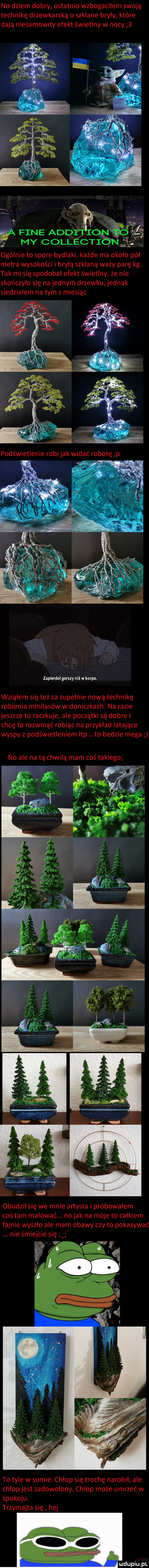 no dniem dobry ostatnio wzbogaciłem swoją technikę drzewiarską   szklane bryły które dają niesamowity efekt świetlny w nocy   ogólnie to spore bydlaki każde ma około pół metra wysokości i bryłą szklaną waży parę kg. tak mi się spodobał efekt świetlny że nie skończyło się na jednym drzewku jednak siedziałem na tym z miesiąc zapierdol gorszy niż w koran. wziąłem się też za zupełnie nową technikę robienia minilabów w doniczkach. na razie jeszcze to raczkuje ale początki są dobre i chcę to rozwinąć robiąc na przyklad latające wyspy z podświetleniem ibp. to bedzie mega no ale na tą chwilą mam coś takiego obudził się we mnie artysta i próbowałem coś tam malować. nijak na moje to całkiem fajnie wyszlo ale mam obawy czy to pokazywać nie śmiejcie się to tyle w sumie. chłop się trochę narobił ale chłop jest zadowolony. chlop może umrzeć w spokoju. trzymajta się hej