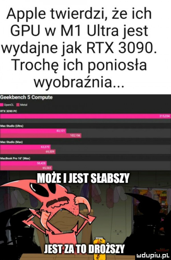ample twierdzi że ich gpu w m  ultra jest wydajne jak rex     . trochę ich poniosła wyobraźnia. geekbench   compule i i . jest za t  bbbzszy u