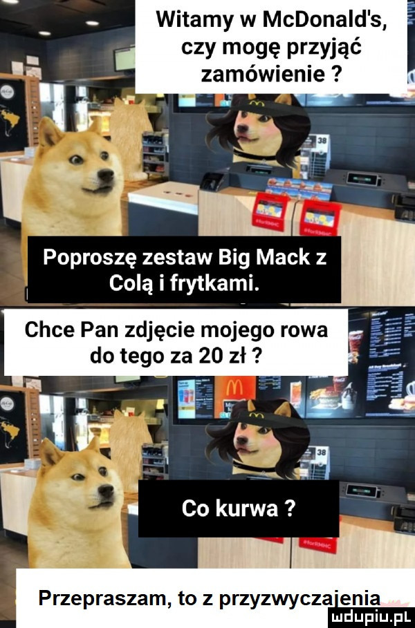 witamy w mcdonald s czy mogę przviąć zamówienie     a   hme poproszę zestaw big mick z colą i frytkami. chce pan zdjęcie mojego rawa do tego za    zł przepraszam to z przyzwycza elia