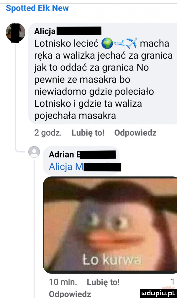 spotted ełk naw. alicja lotnisko lecieć macha ręka a walizka jechać za granica jak to oddać za granica no pewnie ze masakra bo niewiadomo gdzie poleciało lotnisko i gdzie ta waliza pojechała masakra   godz. lubię to odpowiedz adrian alicja m v    min. lubię to   odpowiedz