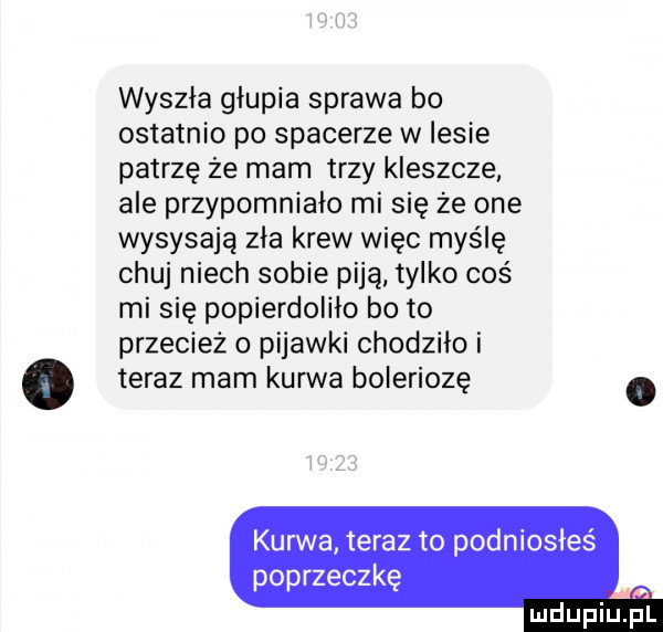 wyszła głupia sprawa bo ostatnio po spacerze w lesie patrzę że mam trzy kleszcze ale przypomniało mi się ze one wysysają zła krew więc myślę chuj niech sobie piją tylko coś mi się popierdoliło bo to przecież o pijawki chodziło i teraz mam kurwa boleriozę. kurwa teraz to podniosłeś poprzeczkę