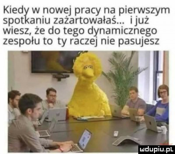 kiedy w nowej pracy na pierwszym spot aniu zażartowałaś. iluż wiesz że do tego dynamicznego zespołu to ty raczej nie pasujesz