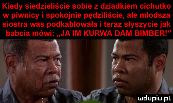 kiedy siedzieliście sobie z dziadkiem cichutko w piwnicy i spokojnie pędziliście ale młodsza siostra was podkablowała i teraz słyszycie jak babcia mówi ja im kurwa dam bimber w x
