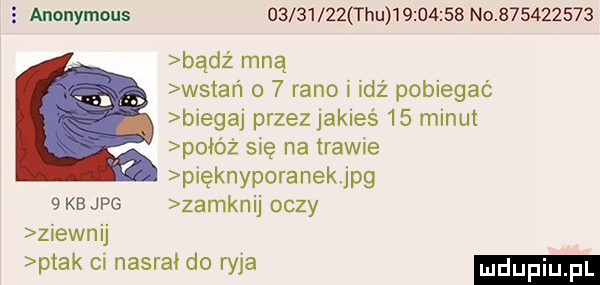 anonymous          tau           no           badż mną wstań o   rano i idź pobiegać biegaj przez jakieś    minut połóż się na trawie pięknyporanek jpg   kb jpg zamknij oczy ziewnij ptak ci nasrał do ryja