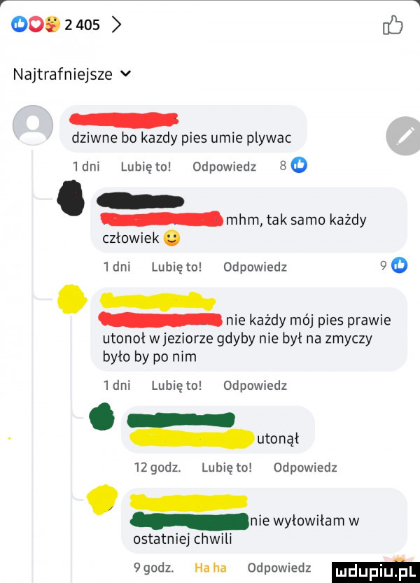 oo.       najtrafniejsze v dziwne bo kazdy pies umie plywac inni lubiętn odpowiedz    mhm tak samo każdy człowiek.   dni lubiętu odpowiedz   o nie każdy mój pies prawie utonol wjeziorze gdyby nie był na zmęczy było by po nim inni lunięto odpowiedz. utonął  zgodz. lunięto odpowiedz ostatniej chwili  godza haba odpowiedz mm nie wyłowiłam w