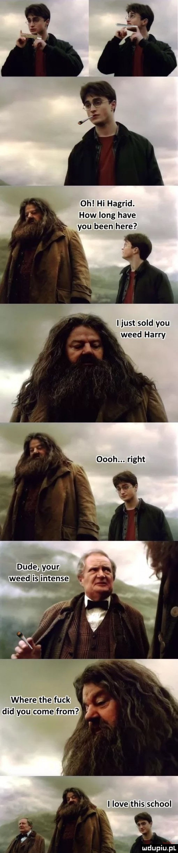 oh hi hagrid. hiw long hace y-u bean here i just sold y-u weed harry oooh. right dude your weed i shinfense where tee funk ddd y-u cole from