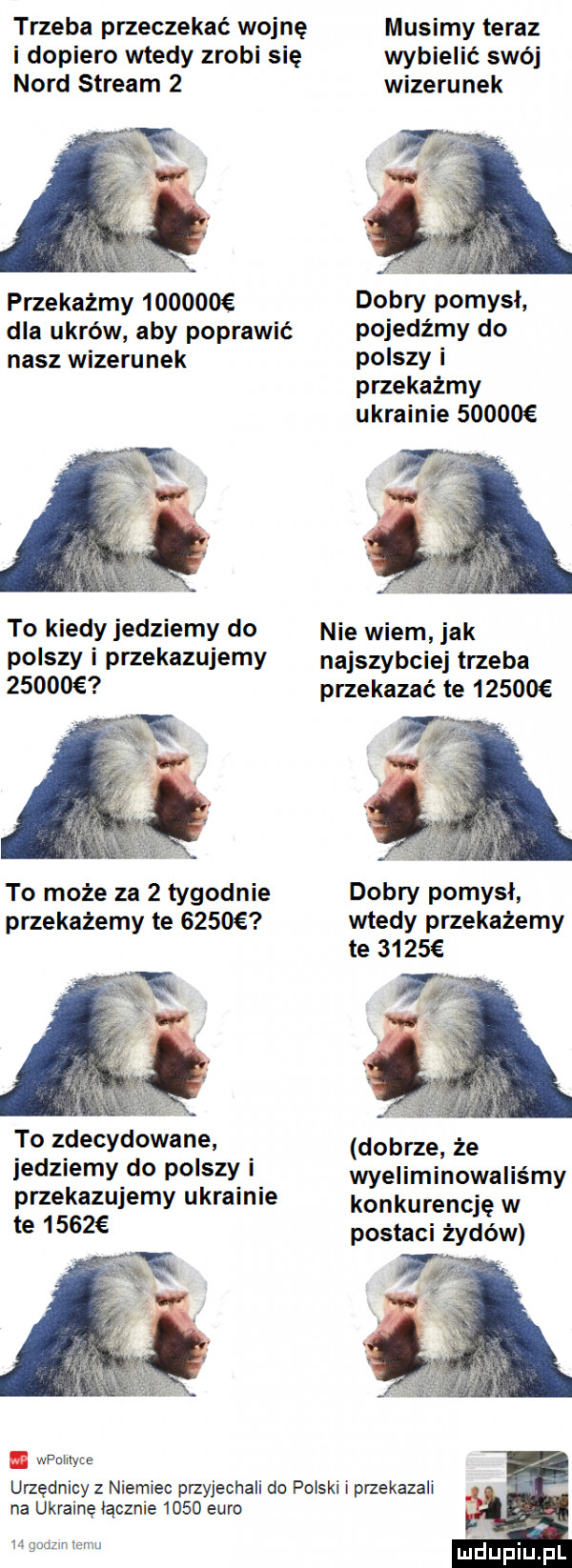 trzeba przeczekać wojnę musimy teraz i dopiero wtedy zrobi się wybielić swój nord stream   wizerunek przekażmy        dobry pomysł dla udrów aby poprawić pojedźmy do nasz wizerunek ponszy i przekażmy ukrainie       to kiedy jedziemy do nie wiem jak ponszy i przekazujemy najszybciej trzeba       przekazać te       to może za   tygodnie dobry pomysł przekażemy te     wtedy przekażemy te      m. v to zdecydowane dobrze że iedziemy do ponszy i wyeliminowalis my przekazujemy ukrainie konkurencję w te      postaci żydów wpohtyce urzędnicyz niemiec przyjechali do polski i przekazali ja na ukrainę iącznie      euro i g m gnaw tomu