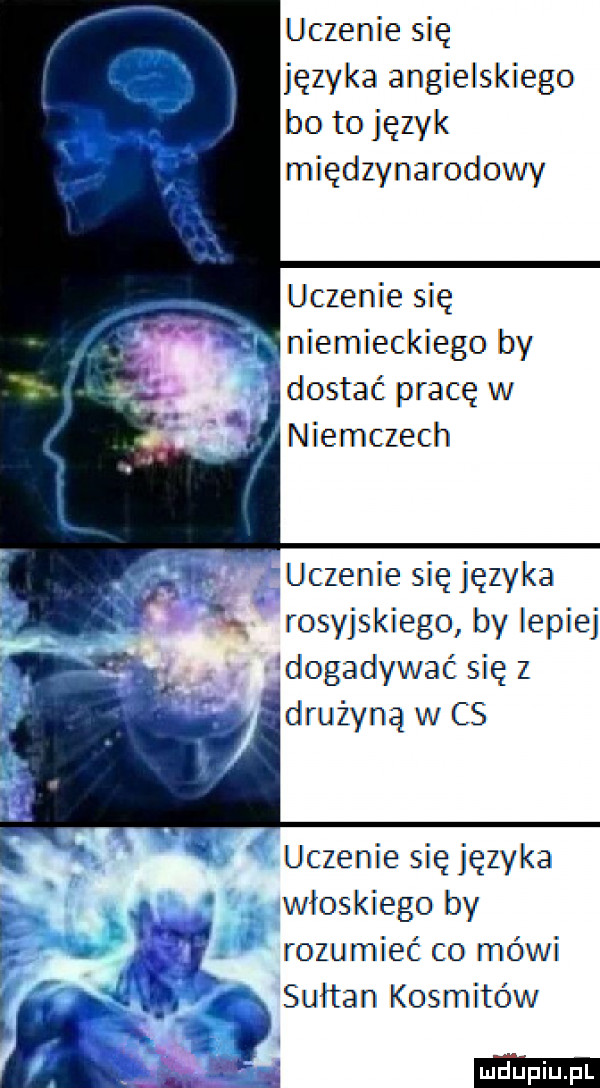 uczenie się języka angielskiego bo to język międzynarodowy uczenie się niemieckiego by dostać pracę w. niemczech. uczenie się języka w rosyjskiego by lepiej dogadywać się z drużyną w cs uczenie się języka włoskiego by. rozumieć co mówi. f sułtan kosmitów. f