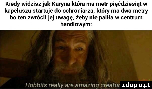 kiedy widziszjak karyna która ma metr pięćdzi siat w kapeluszu startuje do ochroniarza który ma dwa metry bo ten zwrócil jej uwagę żeby nie palila w centrum handlowym ly are amazing r