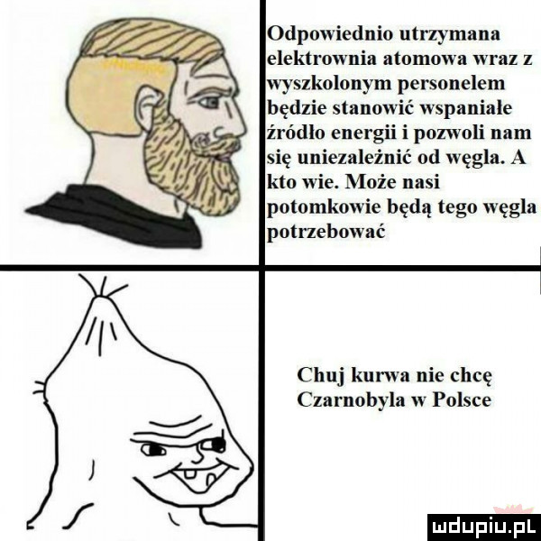 odpowiednio utrzymana elektrownia atomowa wraz z wyszkolonym personelem będzie stanow wspaniale źródło energii i pozwoli nam się uniezależnić od węgla. a kto wie. może nasi potomkowie będą tego węgla potrzebować chuj kurwa nie chcę czarnobyla w polsce f