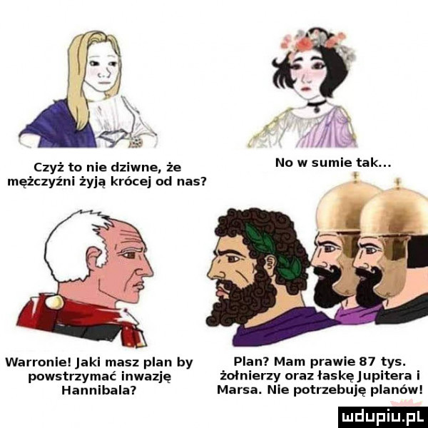 ug na w sumie tak. czyż to nie dziwne że mężczyźni żyją krócej od nas warronie jaki masz plan by plan mam prawie    tys. powstrzymać inwazję żołnierzy oraz łaskęjupitera i hannibala marsa. nie potrzebuję planów