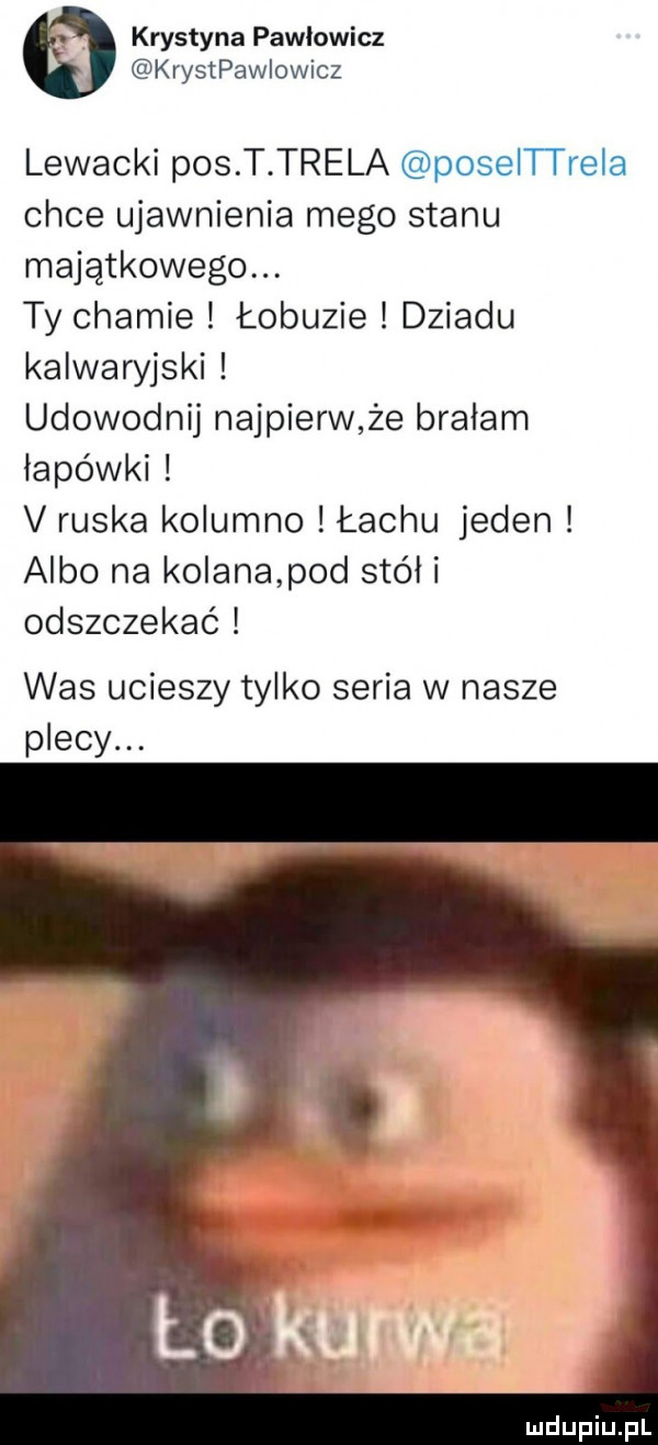 krystyna pawłowicz krystpawlowicz lewacki pos t trela poselttrela chce ujawnienia mego stanu majątkowego. ty chamie łobuzie dziadu kalwaryjski udowodnij najpierw że brałam łapówki v ruska kolumno łachu jeden albo na kolana pod stół i odszczekać was ucieszy tylko seria w nasze plecy