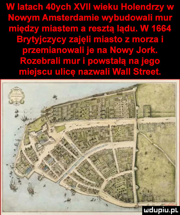 w latach  chh xvii wieku holendrzy w nowym amsterdamie wybudowali mur między miastem a reszta lądu. w      brytyjczycy zajęli miasto z morza i przemianowali je na nowy jork. rozebrali mur i powstala na jego miejscu ulicę nazwali will street