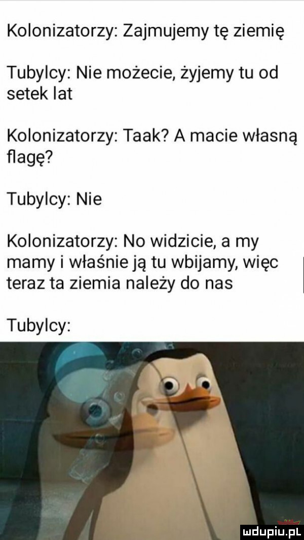 kolonizatorzy zajmujemy tę ziemię tubylcy nie możecie żyjemy tu od setek lat kolonizatorzy taak a macie własną hagę tubylcy nie kolonizatorzy no widzicie a my mamy i właśnieją tu wbijamy więc teraz ta ziemia należy do nas tubylcy