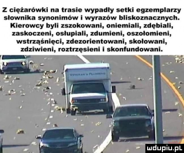 z clęłarbwkl na trasie wypadly selkl egzemplarzy slownika synonimów i wyrazów bllskoznacmych. klorowcy bell zszokowani onllmlall deblall nskoczonl oﬂuplall uumlonl oszołomlonl wstrząśnlqci d orlonłow nl skołowani zdziwlonl roztrzęslonl i skonlundomnl. śr
