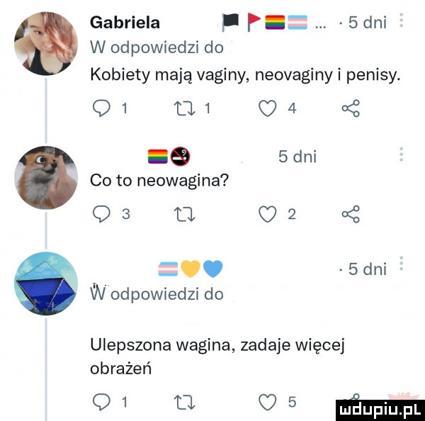 gabriela f f   dni w odpowiedzi do kobiety mają vaginy neovaginy i penisy. q      o  x i   dni co to neowagina q  a o .  dni w odpowiedzi do ulepszona wagina zadaje więcej obrażeń       mm
