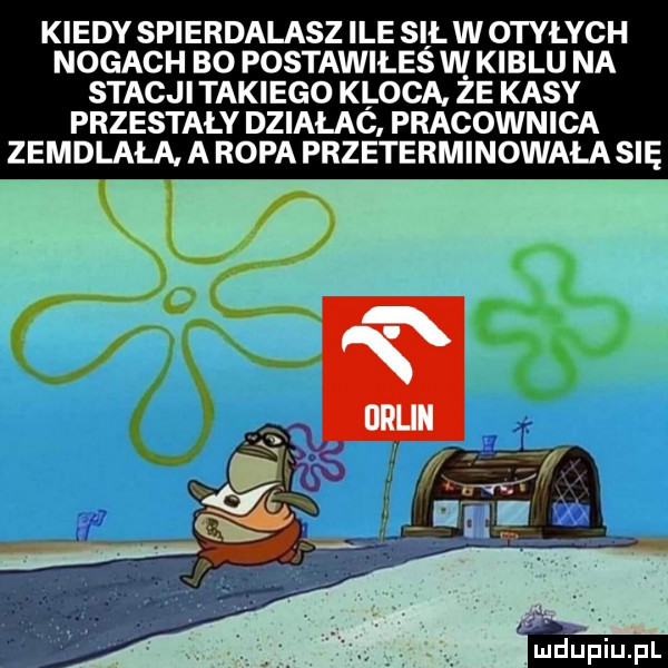kiedy spierdalasz ile sil w otyłych nogach bo postawiłeś w kiblu na stacji takiego kloca ze kasy przestały działac. pracownica zemdlała a ropa przeterminowała się