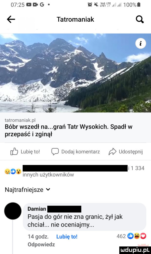 ind g i g e w j w    . tatromaniak q i j c. abakankami xt si tatromamak pl bóbr wszedł na grań tatr wysokich. spadł w przepaść i zginął b lubię to o dodaj komentarz udostępnij.      mnich użytkowników najtrafniejsze v damian pasja do gér nie zna granic żyłjak chciał nie oceniajmy.    godz. odpowiedz