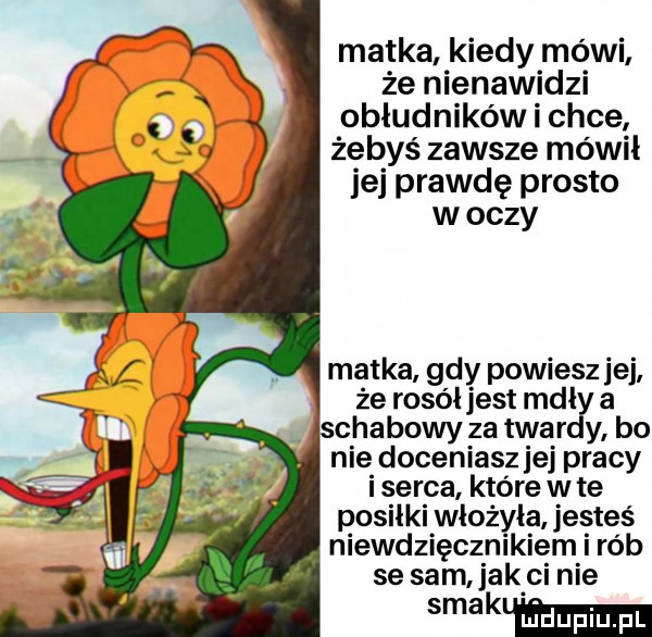 matka kiedy mówi że nienawidzi obłudników i chce żebyś zawsze mówil jej prawdę prosto w oczy matka gdy powiesz jej że rosół jest mda a schabowy za tiar y bo nie doceniasz jej pracy i serca które w te posiłki włożyła jesteś niewdzięcznikiem i rób se sam jak ci nie smakumm