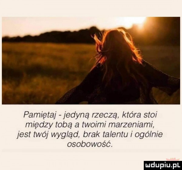 pamiętaj jedyną rzeczą która stoi między tobą a twoim marzeniami jest twój wygląd brak talentu i ogólnie osobowość. ludu iu. l